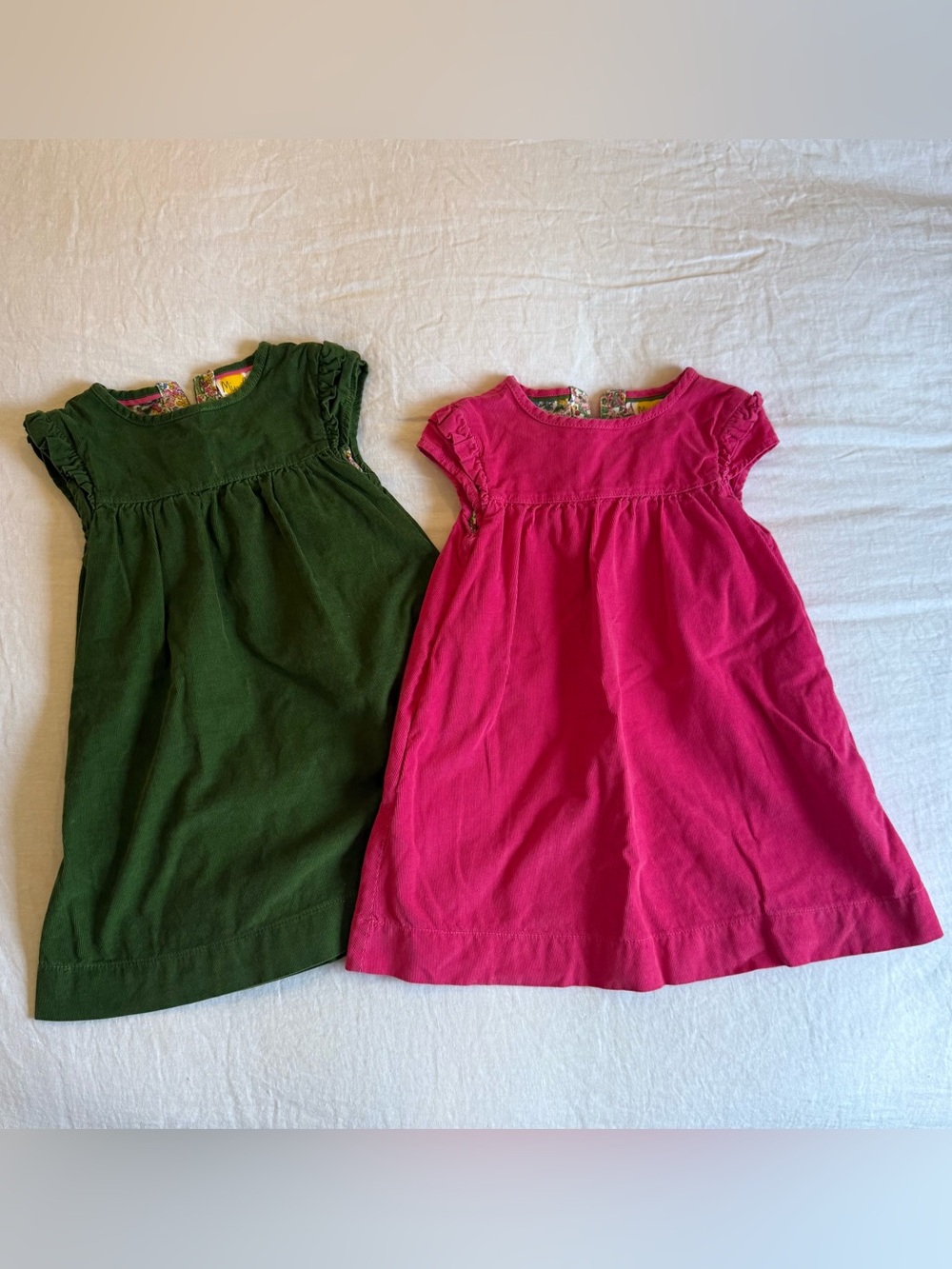 Pair of Mini Boden Green & Pink Short-Sleeve Corduroy Dresses - 4-5T